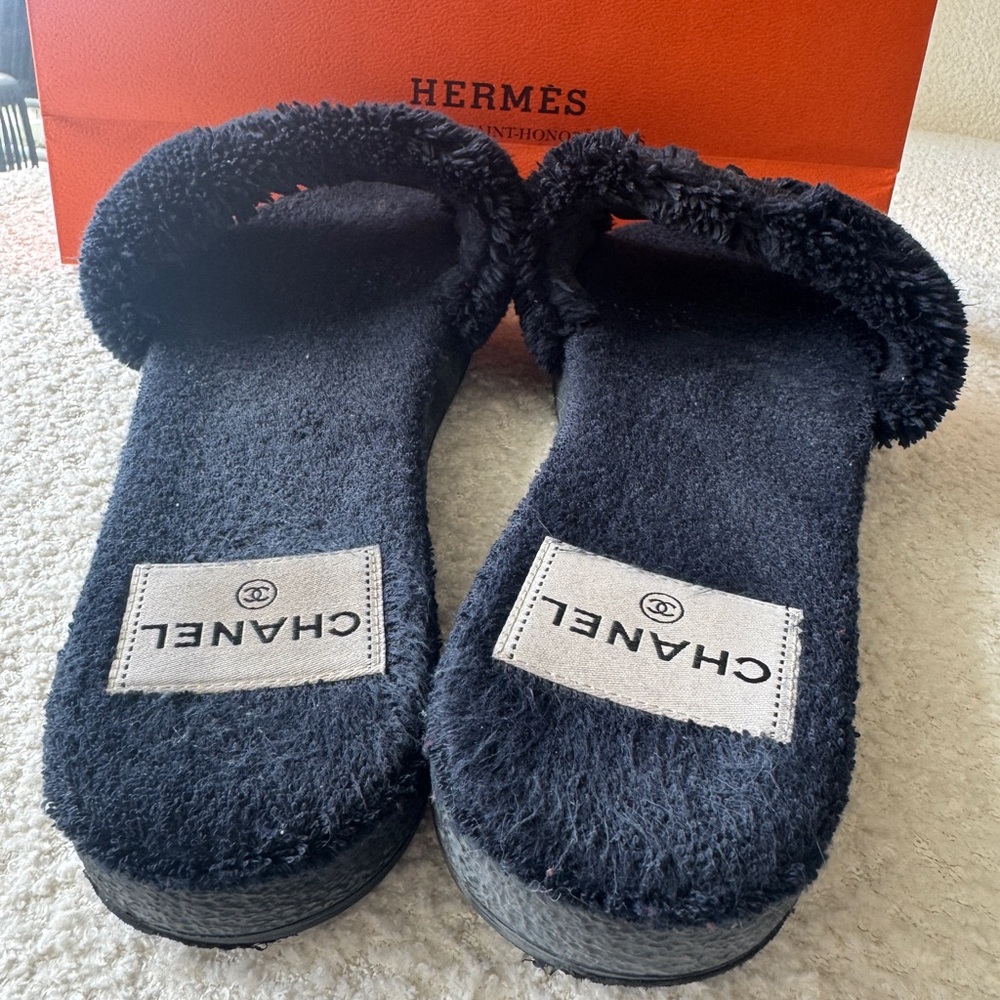 Chanel Black Fuzzy Slippers - Picture 8 of 9